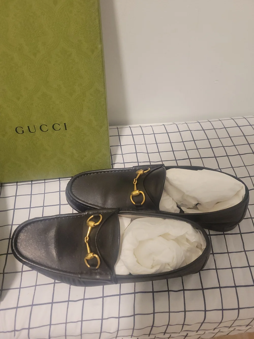 Gucci Black Leather Horsebit Slip-On Loafers with Gold Hardware